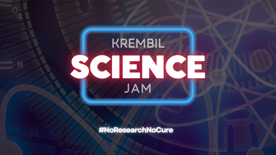 Glowing text that says Krembil Science Jam in a blue square with dark blue science imagery in the background